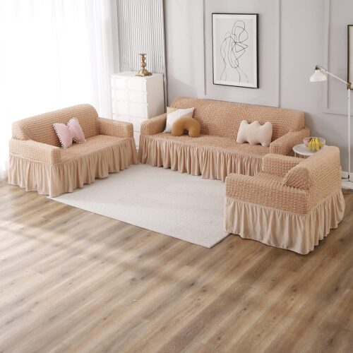 Elastic Stretchable Sofa Frill Cover for 3 Seater, Beige